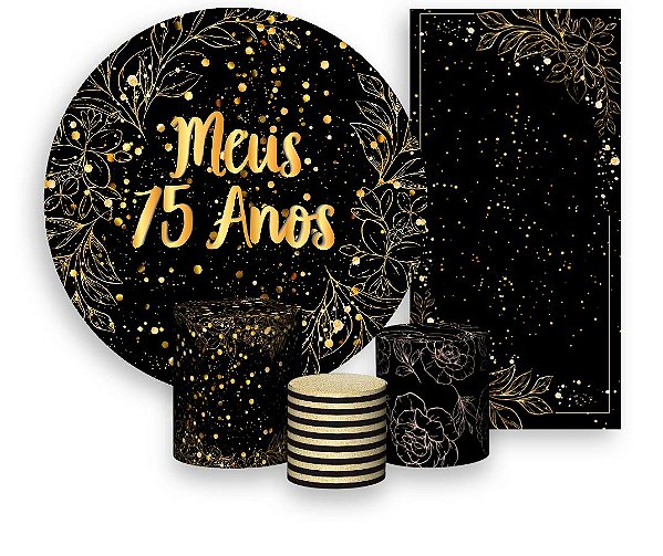 Painel De Festa + Trio De Capas Cilindro + Faixa Veste Fácil - Efeito Brilhos Meus 75 Anos Dourado 021