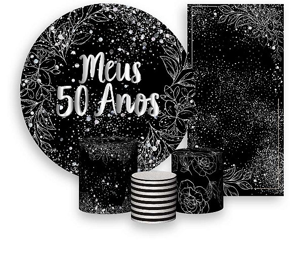 Painel De Festa + Trio De Capas Cilindro + Faixa Veste Fácil - Efeito Brilhos Meus 50 Anos Prateado 028