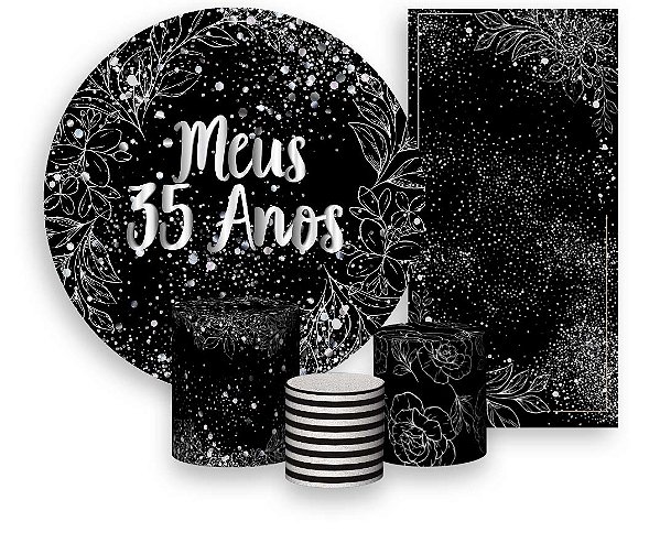 Painel De Festa + Trio De Capas Cilindro + Faixa Veste Fácil - Efeito Brilhos Meus 35 Anos Prateado 038