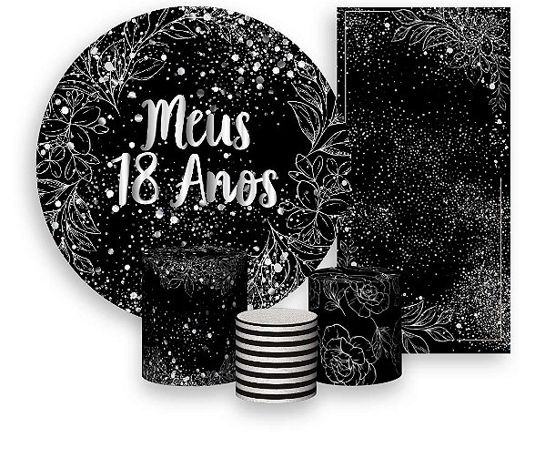 Painel De Festa + Trio De Capas Cilindro + Faixa Veste Fácil - Efeito Brilhos 18 Anos Prateado 047