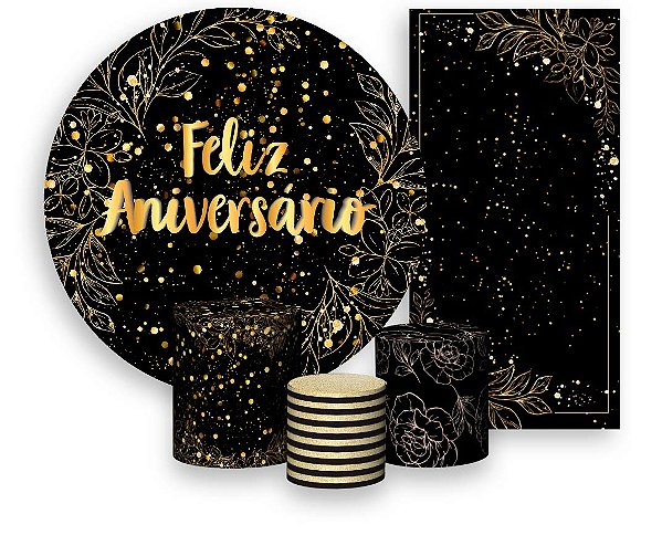 Painel De Festa + Trio De Capas Cilindro + Faixa Veste Fácil - Efeito Brilhos Feliz Aniversário Dourado 050