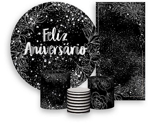 Painel De Festa + Trio De Capas Cilindro + Faixa Veste Fácil - Efeito Brilhos Feliz Aniversário Prateado 051