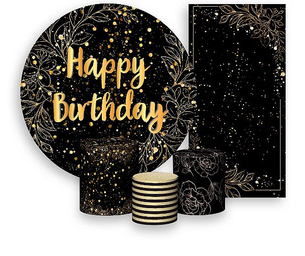 Painel De Festa + Trio De Capas Cilindro + Faixa Veste Fácil - Efeito Brilhos Happy Birthday Dourado 054