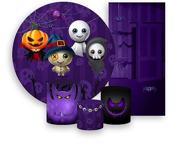 Painel De Festa + Trio De Capas Cilindro + Faixa Veste Fácil - Halloween Cute Roxo 008