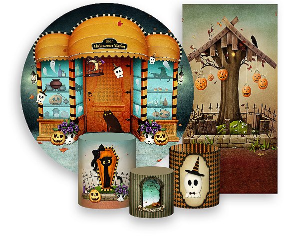 Painel De Festa + Trio De Capas Cilindro + Faixa Veste Fácil - Loja de Halloween Escura 009