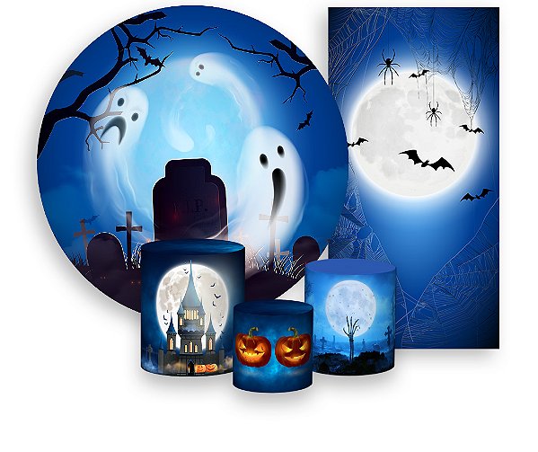 Painel De Festa + Trio De Capas Cilindro + Faixa Veste Fácil - Halloween Cemitério Fantasmas 012