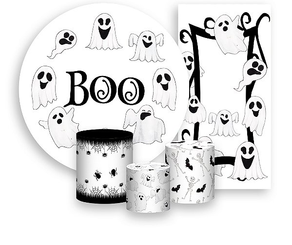 Painel De Festa + Trio De Capas Cilindro + Faixa Veste Fácil -  Halloween Fantasminhas 013