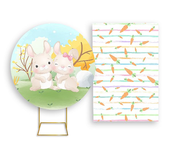 Painel De Festa Redondo 1,50x1,50 + Vertical 1,50x2,20 - Coelhinhos Cute no Jardim 002