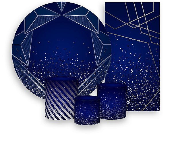 Painel De Festa + Trio De Capas Cilindro + Faixa Veste Fácil - Azul Efeito Geométrico Prateado 001