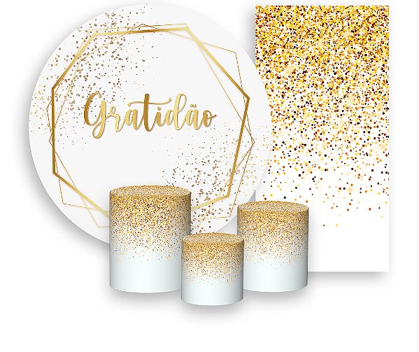 Painel De Festa + Trio De Capas Cilindro + Faixa Veste Fácil - Efeito Geométrico Dourado e Branco Gratidão 014