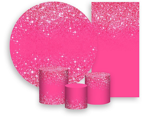 Painel De Festa + Trio De Capas Cilindro + Faixa Veste Fácil - Efeito Glitter Rosa Pink Brilhante 019