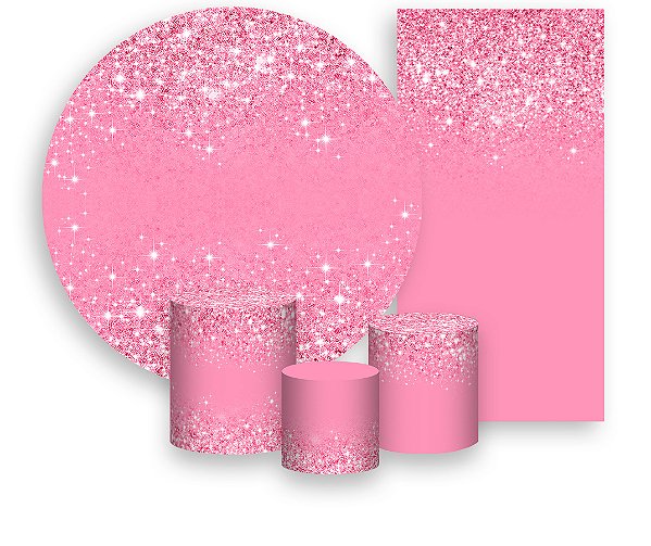 Painel De Festa + Trio De Capas Cilindro + Faixa Veste Fácil - Efeito Glitter Rosa Claro Brilhante 020