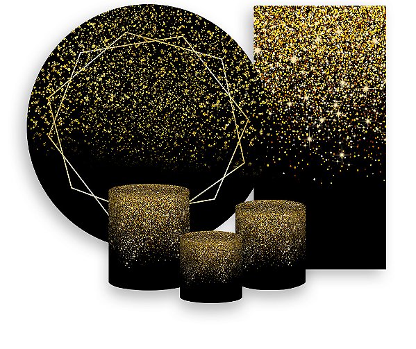 Painel De Festa + Trio De Capas Cilindro + Faixa Veste Fácil - Efeito Geometrico Dourado com Glitter 039