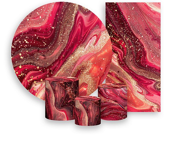 Painel De Festa + Trio De Capas Cilindro + Faixa Veste Fácil - Efeito Marmorizado Vermelho com  Glitter Dourado 041