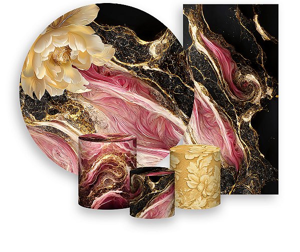 Painel De Festa + Trio De Capas Cilindro + Faixa Veste Fácil - Efeito Marmorizado Preto, Rosa e Dourado 043