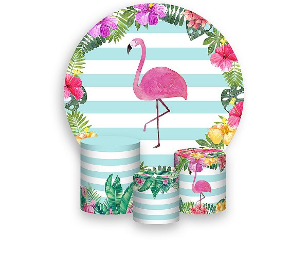 Painel De Festa Redondo 1,50 x 1,50 + Trio De Capas Cilindro - Flamingo Tropical 003
