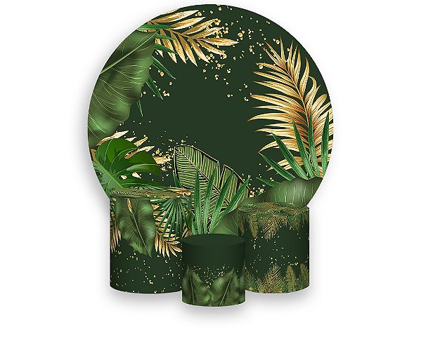 Painel De Festa Redondo 1,50 x 1,50 + Trio De Capas Cilindro - Tropical Chique Verde com Dourado 013