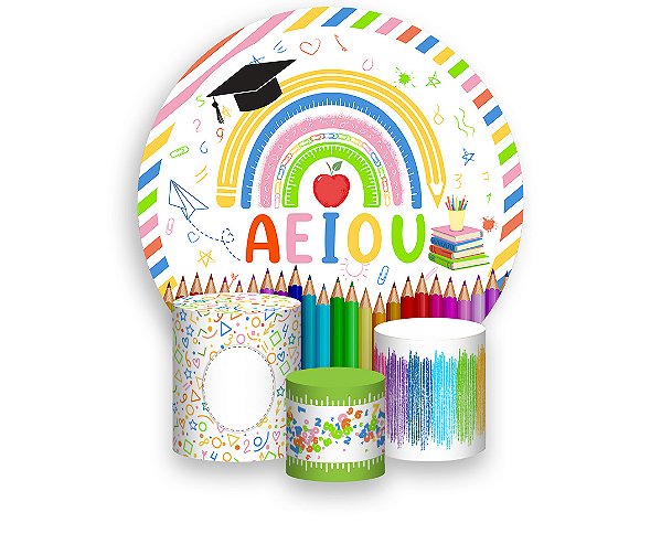 Painel De Festa Redondo 1,50 x 1,50 + Trio De Capas Cilindro - Formatura AEIOU 009