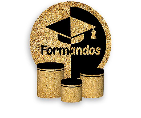 Painel De Festa Redondo 1,50 x 1,50 + Trio De Capas Cilindro - Formatura Preto e Dourado Formandos 016