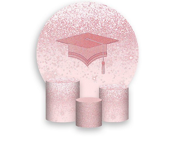 Painel De Festa Redondo 1,50 x 1,50 + Trio De Capas Cilindro - Formatura Rosa Efeito Glitter 021