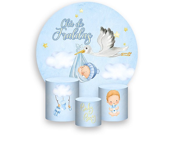 Painel De Festa Redondo 1,50 x 1,50 + Trio De Capas Cilindro -  Chá de Fraldas Azul Menino Loiro 043
