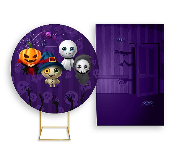 Painel De Festa Redondo 1,50x1,50 + Vertical 1,50x2,20 - Halloween Cute Roxo 007