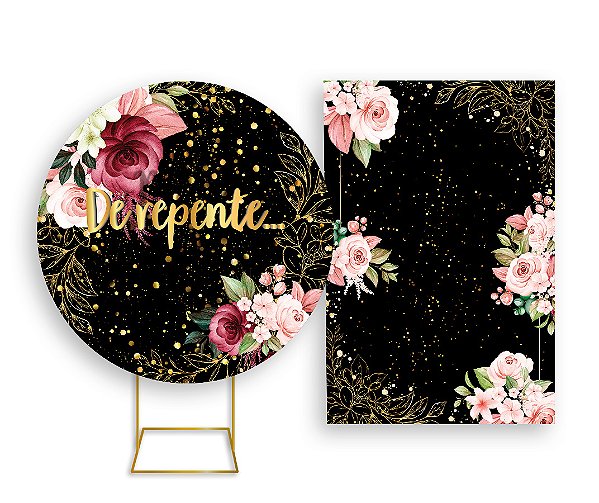 Painel De Festa Redondo 1,50x1,50 + Vertical 1,50x2,20 - De repente Dourado Floral 008