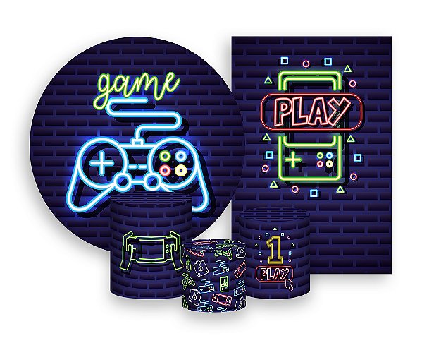 Kit 2 Painéis De Festa + Trio De Capas Cilindro - Video Game Efeito Neon 006