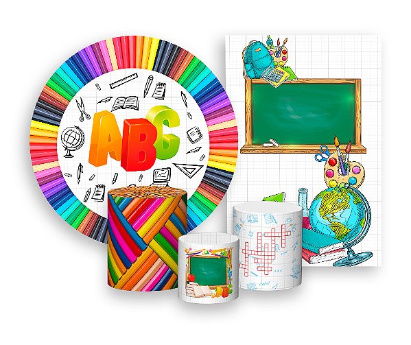 Kit 2 Painéis De Festa + Trio De Capas Cilindro - Formatura ABC Lápis Colorido 002