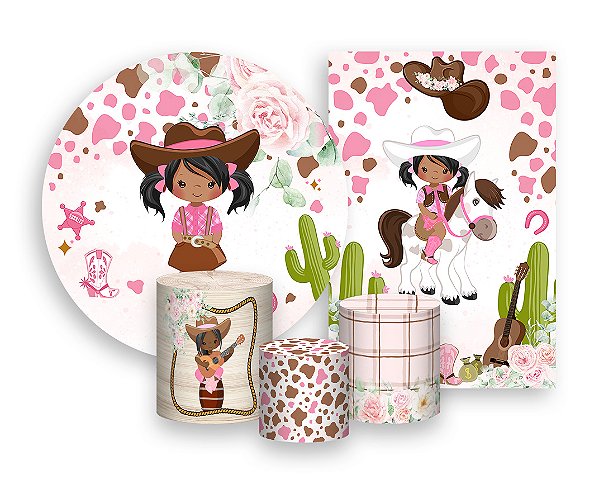 Kit 2 Painéis De Festa + Trio De Capas Cilindro - Country Rosa  Boiadeira Floral 008