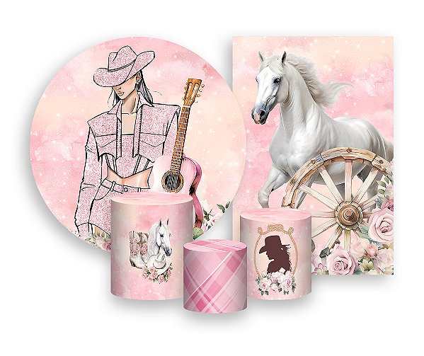 Kit 2 Painéis De Festa + Trio De Capas Cilindro -  Boiadeira Rosa Roupas Efeito Brilhos 014