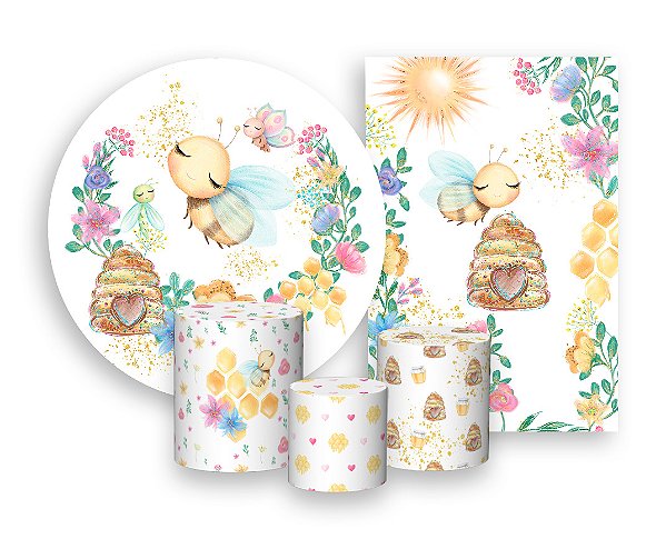 Kit 2 Painéis De Festa + Trio De Capas Cilindro - Abelhinha Cute Floral 001