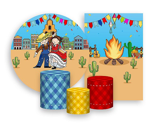 Kit 2 Painéis De Festa + Trio De Capas Cilindro - Festa Junina Casal na Cidadezinha 002