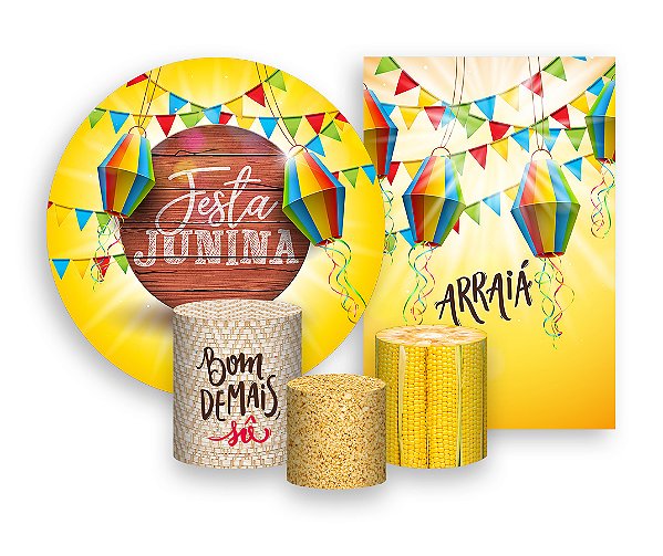 Kit 2 Painéis De Festa + Trio De Capas Cilindro - Festa Junina Bandeirinhas Coloridas 003