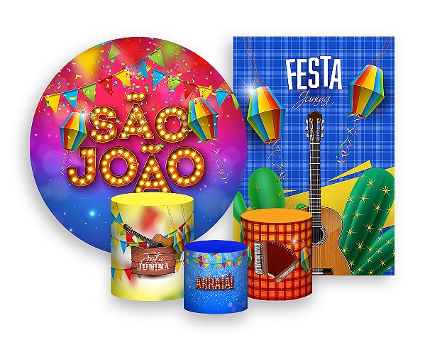 Kit 2 Painéis De Festa + Trio De Capas Cilindro - São João Azul  e Vermelho 006