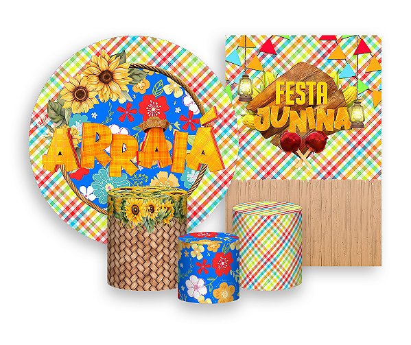 Kit 2 Painéis De Festa + Trio De Capas Cilindro - Festa Junina Frame Girassol 015