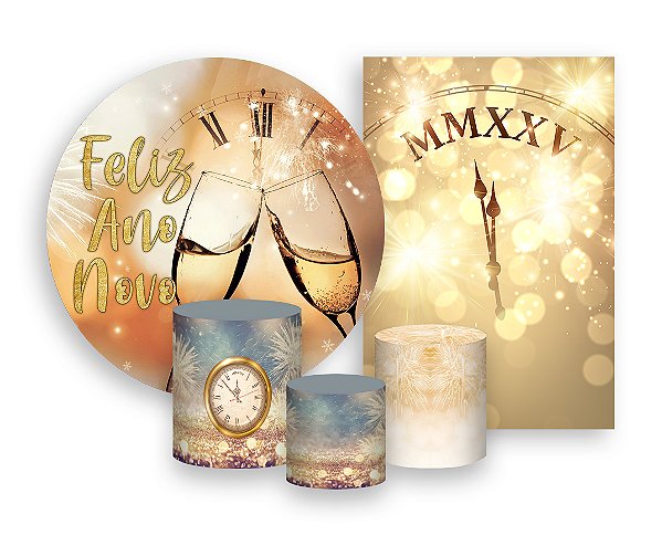Kit 2 Painéis De Festa + Trio De Capas Cilindro - Ano Novo Taças Dourado 001