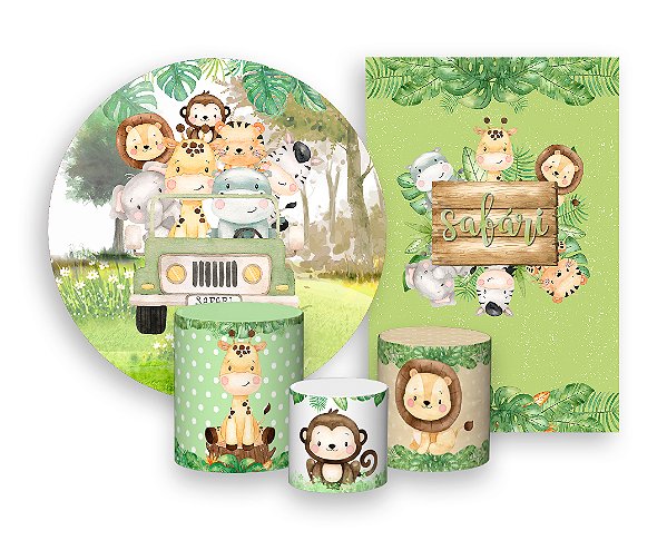 Kit 2 Painéis De Festa + Trio De Capas Cilindro - Animais Safari Cute 001