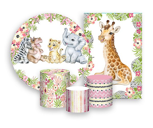Kit 2 Painéis De Festa + Trio De Capas Cilindro - Animais Safari Florido 002