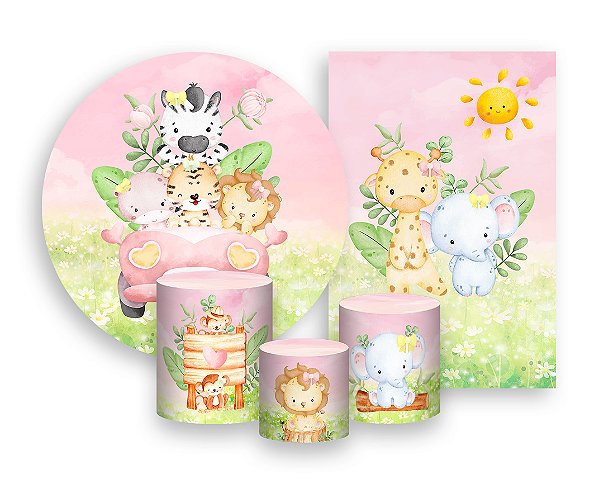 Kit 2 Painéis De Festa + Trio De Capas Cilindro - Safari Rosa Aquarela 004