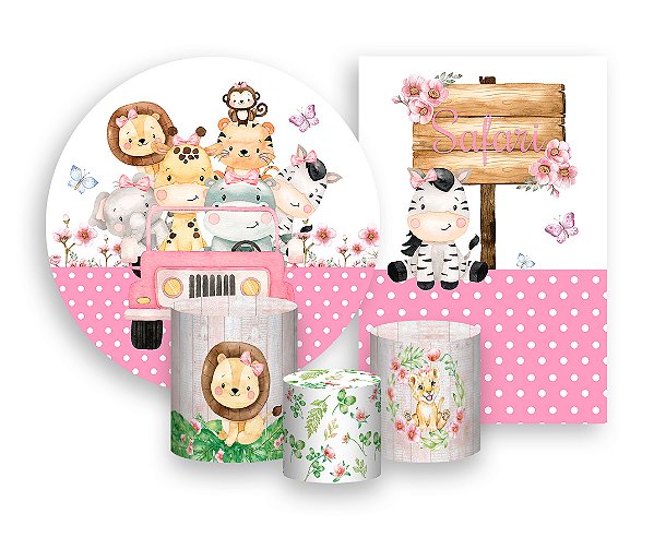 Kit 2 Painéis De Festa + Trio De Capas Cilindro - Safari Rosa Aquarela 008