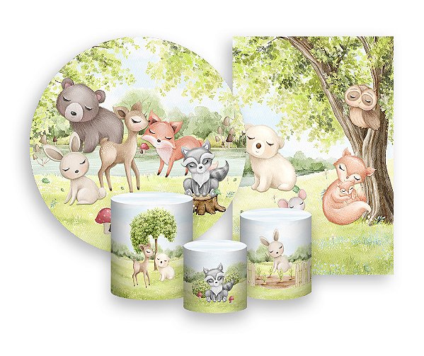 Kit 2 Painéis De Festa + Trio De Capas Cilindro - Safari Animais Aquarela 010