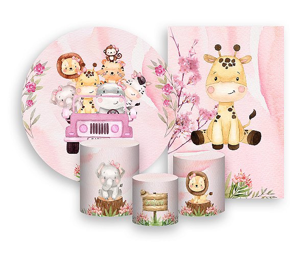 Kit 2 Painéis De Festa + Trio De Capas Cilindro - Safari Girafinha Cute 011