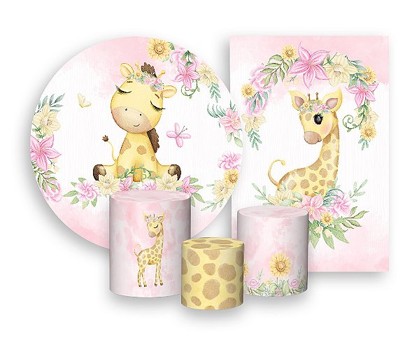 Kit 2 Painéis De Festa + Trio De Capas Cilindro - Girafinha Cute Floral 014