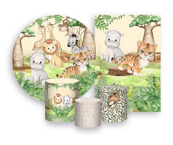 Kit 2 Painéis De Festa + Trio De Capas Cilindro - Safari Verde e Bege 018