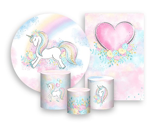 Kit 2 Painéis De Festa + Trio De Capas Cilindro - Unicórnio Azul e Rosa 006