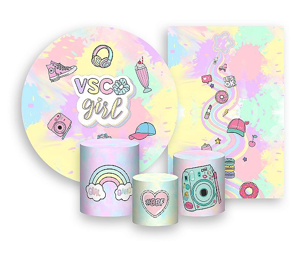 Kit 2 Painéis De Festa + Trio De Capas Cilindro - VSCO Girl Colorido Delicado 002