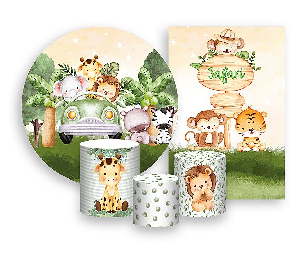 Kit 2 Painéis De Festa + Trio De Capas Cilindro - Safari Cute Aquarela 022