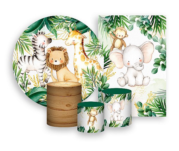 Kit 2 Painéis De Festa + Trio De Capas Cilindro - Safari Animais Vegetação 024