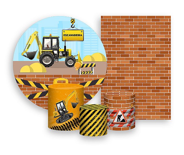 Kit 2 Painéis De Festa + Trio De Capas Cilindro - Construção Escavadeira 002